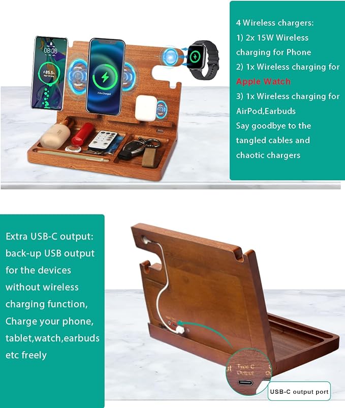Nightstand Organizer with 4 Wireless Charger for 2 iPhone/Android Phone,Apple Watch,Airpod,Wood Phone Docking Station,27W Fast Wireless Charging Station,Wallet/Key Holder,Gifts for Dad/Men