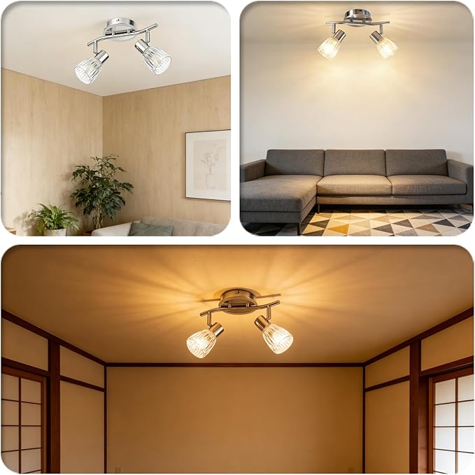 HiBay 2-Light Track Lighting, Directional Ceiling Light Fixture with Glass Shades, Modern Chrome Spotlight Indoor for Kitchen, Bedroom, Living Room, E12 Base, No Bulbs