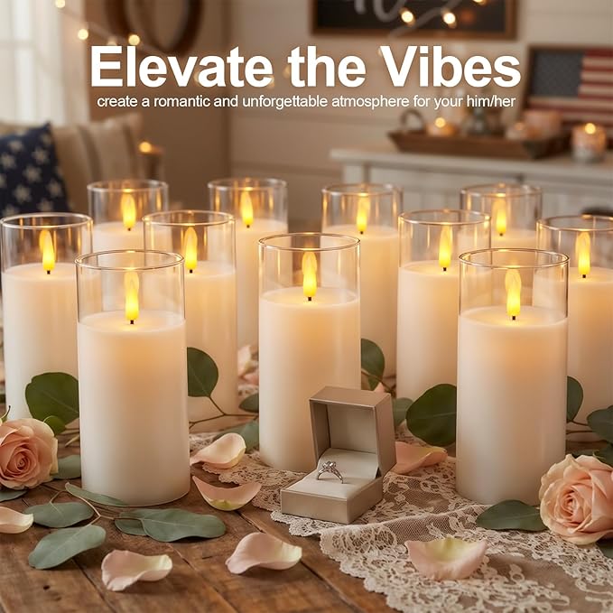 5plots Flameless Battery Operated Candles Set of 3, White LED Candles with Remote Timer, Real Wax Glass Pillar Candles Warm Flickering Light for Indoor Home, Halloween, Christmas Decor D3 x H6 6" 6"