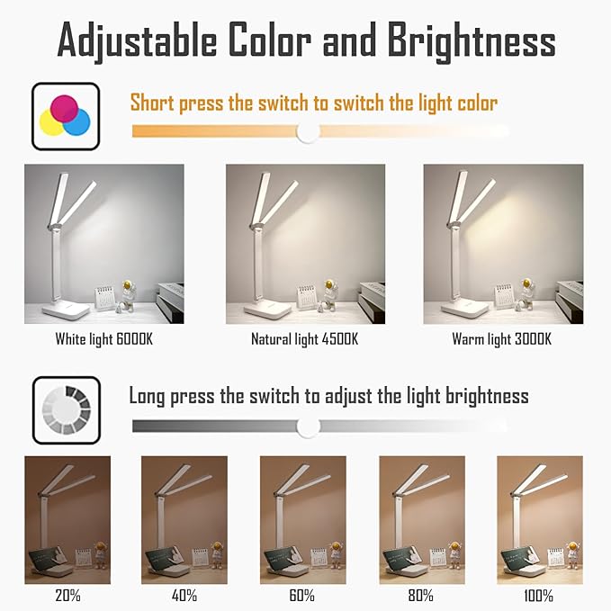 LED Double Head Desk Lamp, Rechargeable Portable Table Lamp, Adjustable Light Color and Brightness, USB Powered, LED Light for Work, Reading, Emergency (Blue)