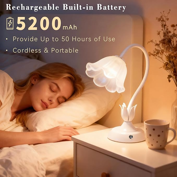 Cordless Flower Table Lamp White, Valentine‘s Gift, 5200-mAh Rechargeable Touch Lamp, 3-Way Dimmable, Build-in Integrated LED 320 Lumen Max, for Nightstand Bedroom Living Room