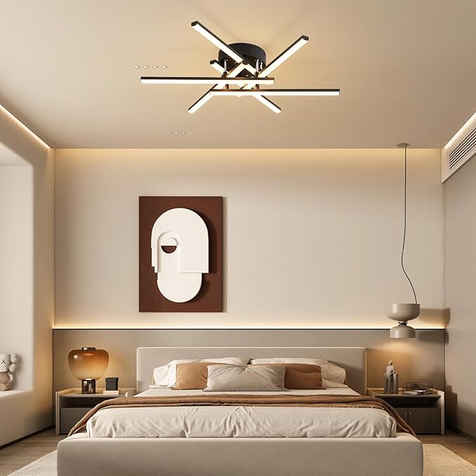 Modern LED Ceiling Lights - Dimmable with Remote, 24in Black Flush Mount Fixture for Living Room, Bedroom, Kitchen, Dining Room