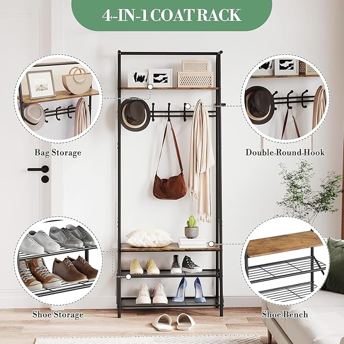 Hall Tree, Entryway Hall Tree with Shoe Rack, Coat Rack with Shoe Rack and Hooks, 25” Freestanding Metal Entryway Organizer with 4-Tier Storage Shelves for Hallway, Bathroom, Small Spaces