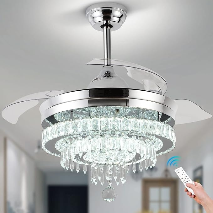 42" Dimmable Fandeliers Modern Crystal Chandeliers Ceiling Fans 6 Speeds Adjustable, with Memory and Timing Functions, APP & Remote Control Fandelier for Living Dining Room Bedroom