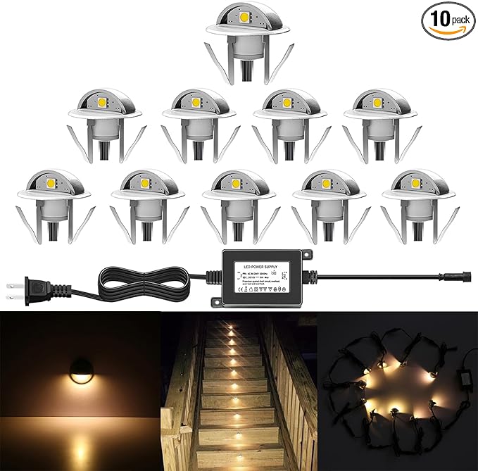 10 Pack LED Stair Lights Kit Low Voltage Waterproof IP65 Outdoor 1-2/5" Recessed Wood LED Deck Lighting Yard Garden Patio Step Landscape Pathway Decor Lamps, Warm White
