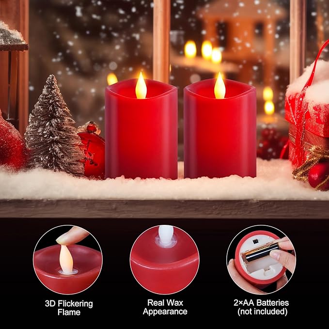 3x4 Flickering Flameless Candles Set of 2,Real Wax led Candles Flickering,with Timer,4 inch Flameless Candles with Remote,Battery Operated Candles,for Party Wedding Holiday Home Decor,Red