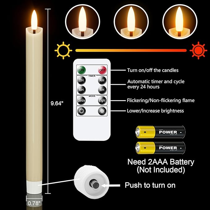 Wondise Flameless Taper Candles with Remote Timer, Real Waxy Battery Operated Flickering Candlesticks, 3D Wick LED Candles 9.6inch for Halloween Christmas Holiday Wedding Decoration (Ivory