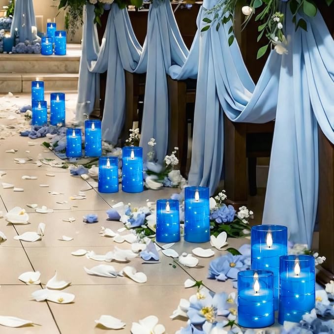 Homemory Flameless Candles with Embedded Star String Fairy Lights, Battery Operated Candles, LED Candle, Fake Candles with Remote Control and Timer, Blue, Set of 3(H 4" 5" 6”)