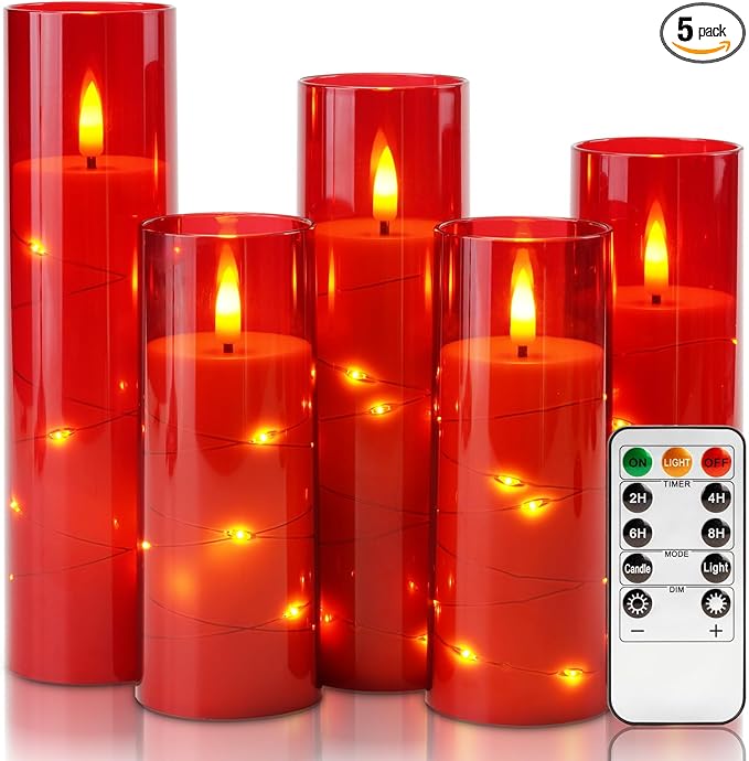 Homemory Acrylic Flameless Candles with Embedded Star String Fairy Lights, Battery Operated, LED Candles, Fake Candles with Remote Control and Timer, Red, Set of 5