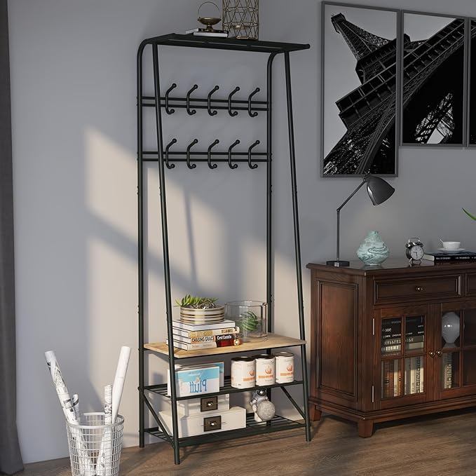 Jojoka 25" Coat Rack, Hall Tree with Shoe Bench and Storage, 4-Tier Shelf with 10 Hooks, Freestanding Metal Entryway Organizer for Hallway, Accent Furniture for Bathroom