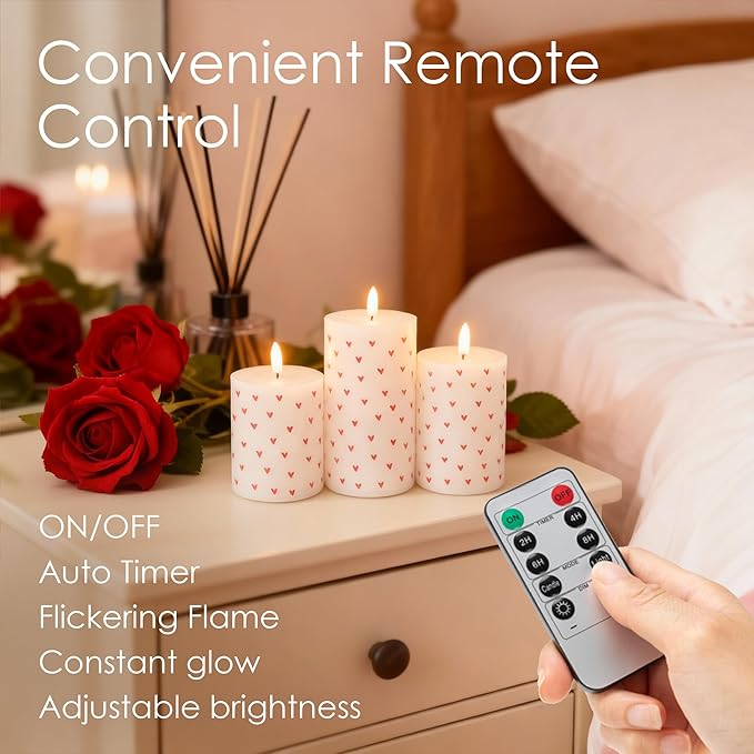 Flameless Candles with Remote, Battery Operated Pillar Candles for Valentine's Day Decoration Real Wax Electirc LED Candles for Romantic Home Table Centerpiece Decor Set of 3
