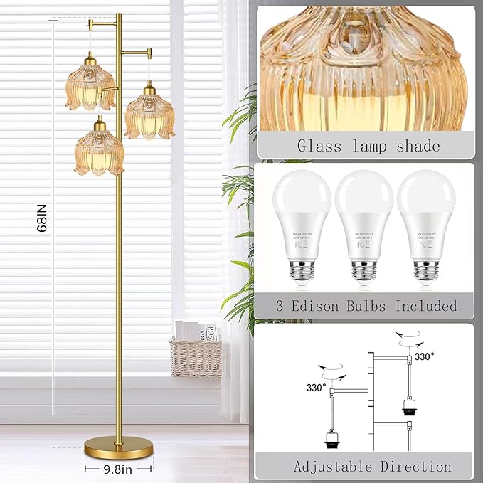 Glass Floor Lamp for Living Room,Bedroom,Mid Century Modern Standing Lamp Black Tree 3 Light Tall Floor Lamps Vintage Retro Floor Lights Green Lamp Shade Farmhouse Boho Bohemian