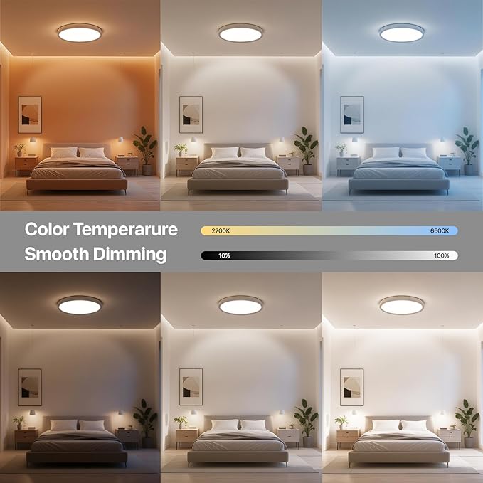 Smart LED Ceiling Light Flush Mount,12inch RGB Ceiling Light Fixture with Remote Control,Dimmable 3000K-6500K,Night Light 2000K,Memory Function,Compatible with Alexa,Google,Tuya