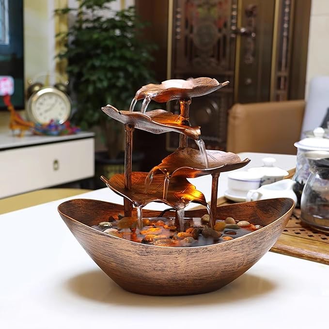 Meditation Decor, Desktop Lotus Leaf Yuanbao Flowing Water Fountain Decoration Living Room Screen Porch Home Decoration, LED Atmosphere Night Light,Office Home Decoralth (E)