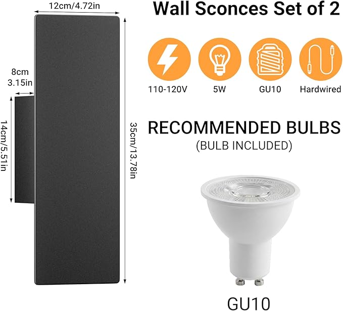 Tipace Hardwired Black Wall Sconces,3000K Modern Wall Lights Led Indoor Wall Wall Mount Light for Bedroom,Living Room, Hallway,GU10 Bulbs Included,2 Pack