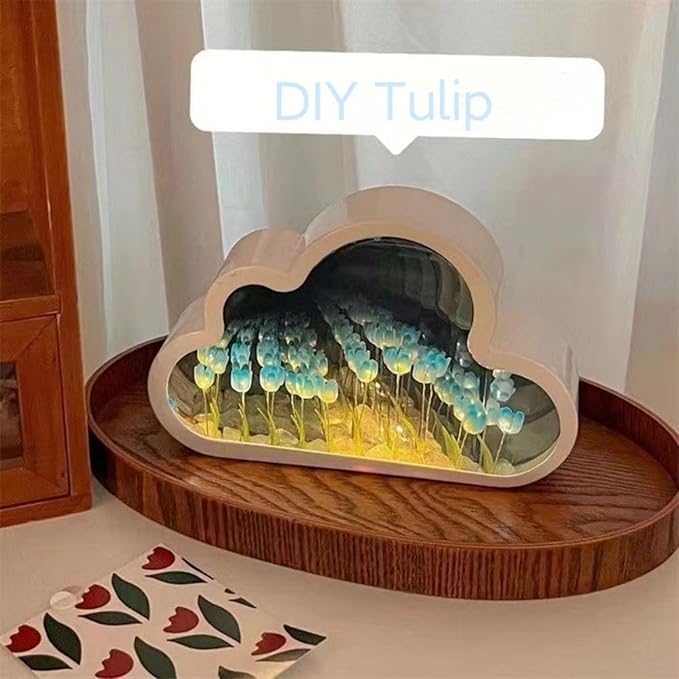 DIY Cloud Tulip Mirror Night Light, Simulation Flower Bedroom Cloud Tulip Table Lamp, Creative Home Decoration, Room Decor for Teen Girls (Blue)