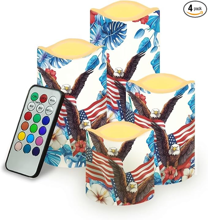 USA Flag Flameless Candles Bald Eagle Tropical Flowers Flameless Candle with Remote Timers for Lights Patriotic Independence Day Lamp for Home Dinner Table Garden Tea Party, 4 Pack
