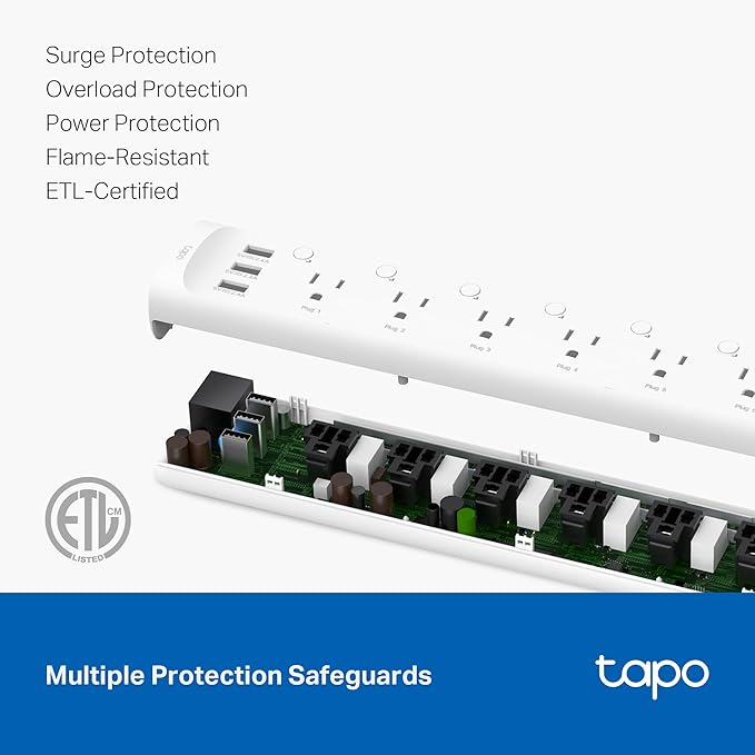 Tapo Smart Wi-Fi Power Strip - Matter Compatible, Energy Monitoring, Surge Protection, 6 Individually Controlled Outlets & 3 USB Ports, Works with Alexa, Google Assistant, Siri & Bixby - Tapo P316M