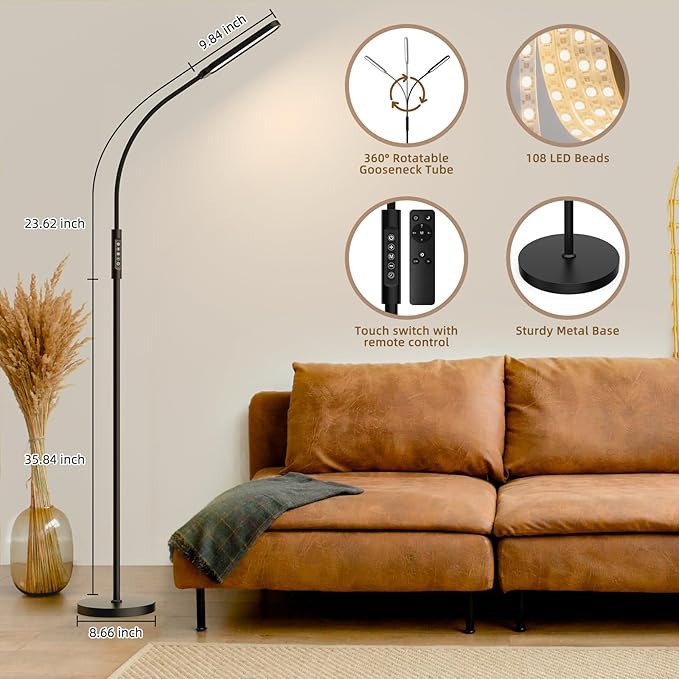 LED Floor Lamp, 18W Adjustable Gooseneck Reading Floor Lamps, Stepless Adjustable 3000K-6000K Colors & Brightness, Remote & Touch Control, Timer, Standing Lamp for Living Room/Bedroom/Office