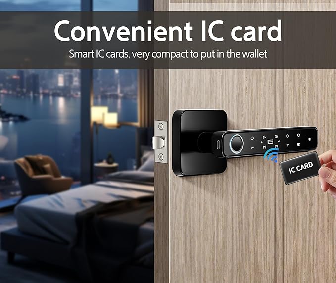 【WiFi-Free】 4-in-1 Smart Fingerprint Door Knob Lock(Fingerprint/Code/IC Card/Key), No App Required, Door Locks for Bedrooms & Offices, Biometric Thumbprint Door Knobs with Code & Keypad, Auto Lock
