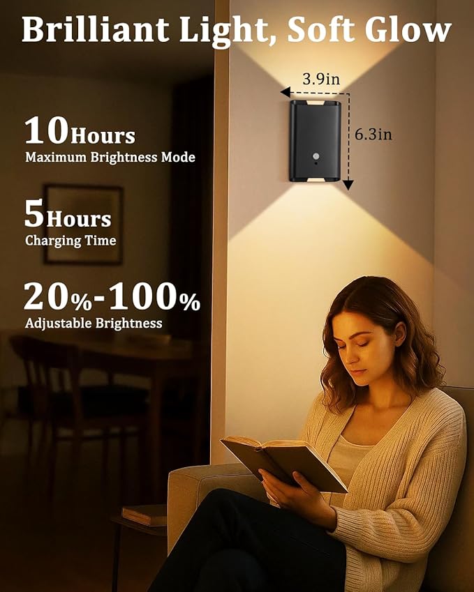 Motion Sensor Wireless Wall Sconce Set of 2 - Battery Operated Wall Light with Timer&Remote Control, 3 Color Temp & Brightness Adjustable 6000mAh Rechargeable for Stairs Bedroom Living Room, Black