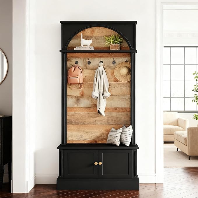 Tribesigns 70.86" Hall Tree with Storage Bench, 4-in-1 Design Entryway Bench with Coat Rack, Farmhouse Hall Tree with 5 Hooks and Adjustable Shoe Storage for Entryway, Hallway(Black＋Brown)