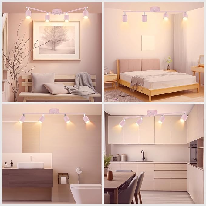 BoostArea LED 4 Light Track Lighting Kit, Pink 4 Way Ceiling Spot Lighting, Flexibly Rotatable Light Head for Kitchen, Living Room, Bedroom, Bulb Not Included