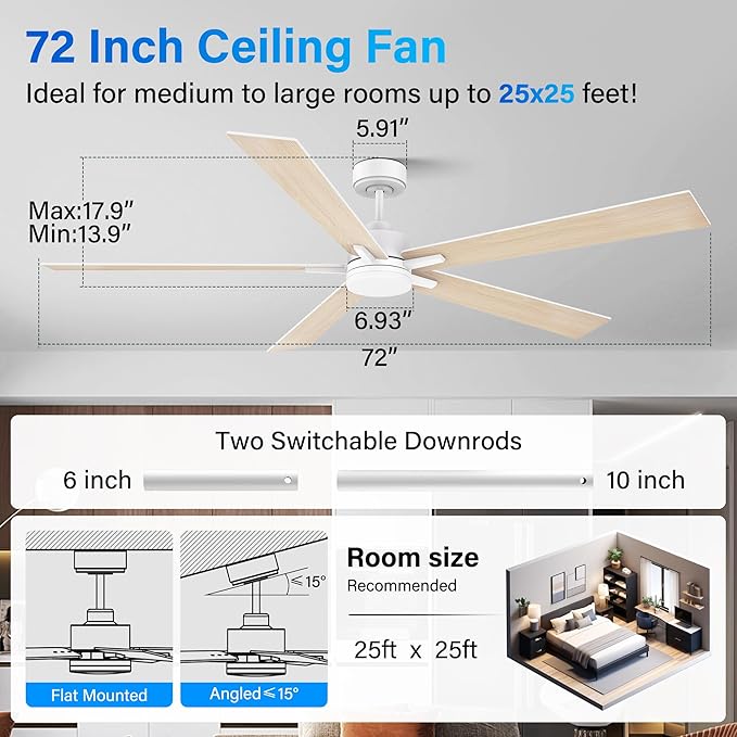 72" Large Smart Ceiling Fan with Lights Remote,Silent DC Motor,Control via Voice Alexa Google App,Outdoor Indoor Modern Ceiling Fans for Large Living Room Patios Decks,Dimmable,5 Blades in White&Wood