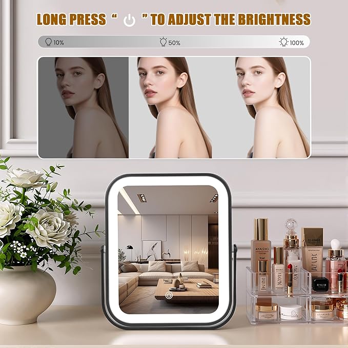 Rechargeable Vanity Mirror with Lights, 10"×8" Makeup Mirror with Lights, 1500mAH Battery, Smart Touch with 3-Color Lighting, Dimmable, HD Desk Mirror, Travel Essentials, Women Gift (Black)