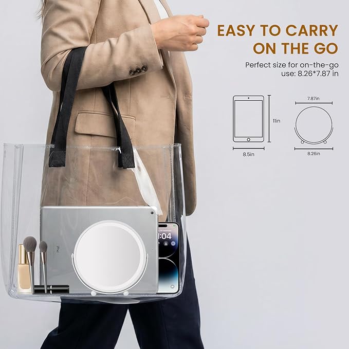 Travel Makeup Mirror, 8" Small Vanity Mirror with Lights, 1500mAH Battery, 3-Color Lighting, Dimmable, 360° Rotation, Round Portable Desk Mirror, Travel Essentials (White)