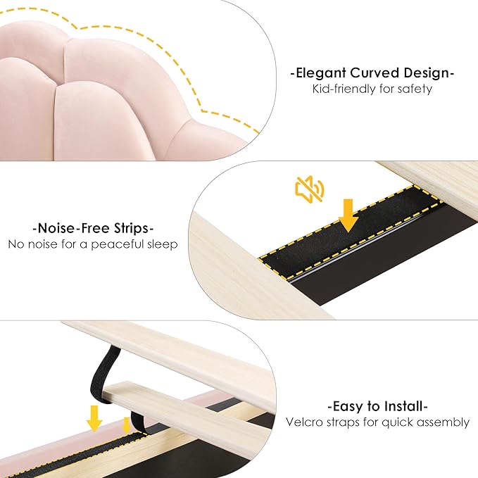 HIFIT Queen Upholstered Smart LED Bed Frame with 2 Storage Drawers & Adjustable Chic Double Petal Headboard, Velvet Princess Platform Bed with Solid Wood Slat/No Box Spring Needed/Easy Assembly, Pink