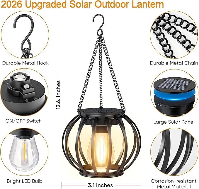 Solar Lanterns Outdoor Waterproof 2-Pack: Thicken Metal Hanging Solar Lights for Outside - 12H Long Lasting Bright Warm White Lighting Auto On/Off - Garden Patio Yard Porch Tree Table Vintage Decor