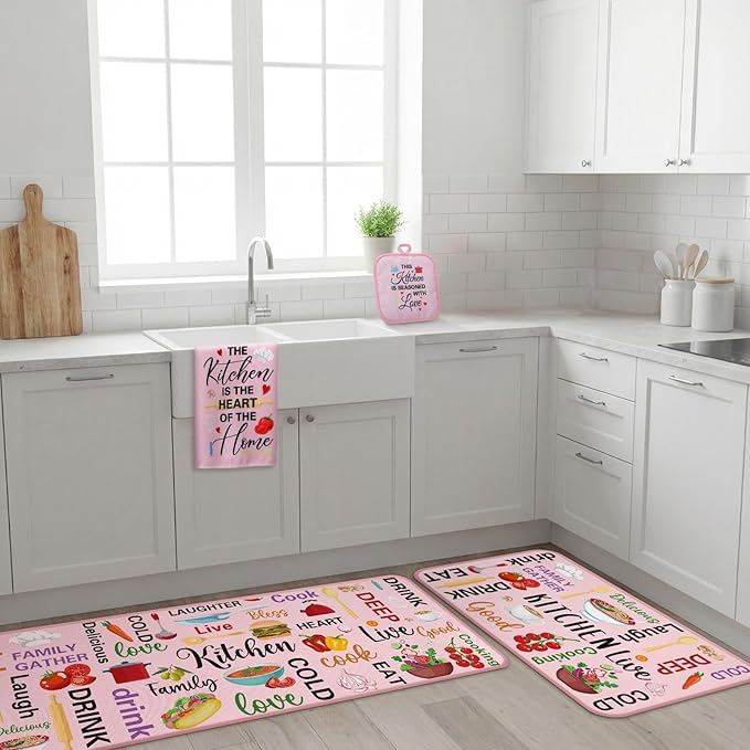 Fourluoo 10 Pcs Cuisine Pink Kitchen Decor and Accessories Set Pink Kitchen Towels Rugs Pot Holders Oven Mitts for Chef Cooking Baking Mom Housewarming Gifts