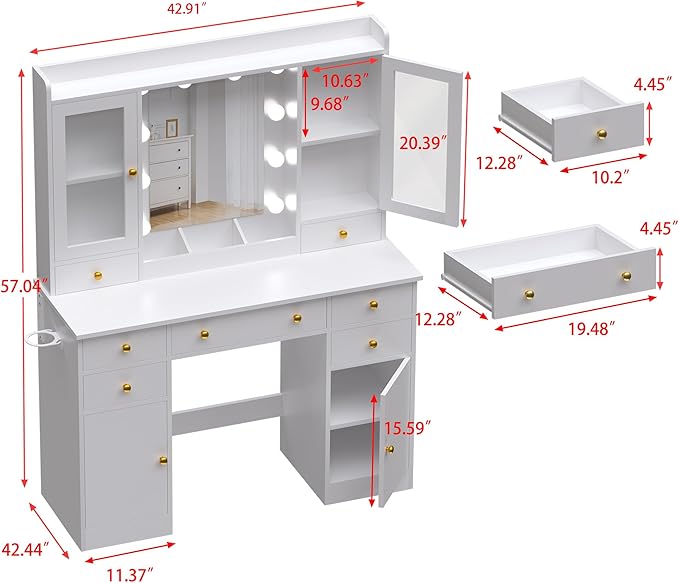 Vanity Desk with Mirror and Lights, 43" White Makeup Vanity Set with 5 Drawers & Glass Cabinets, Makeup Tray, Power Outlet & Adjustable LED Lights, Dressing Table for Women & Girls Bedroom