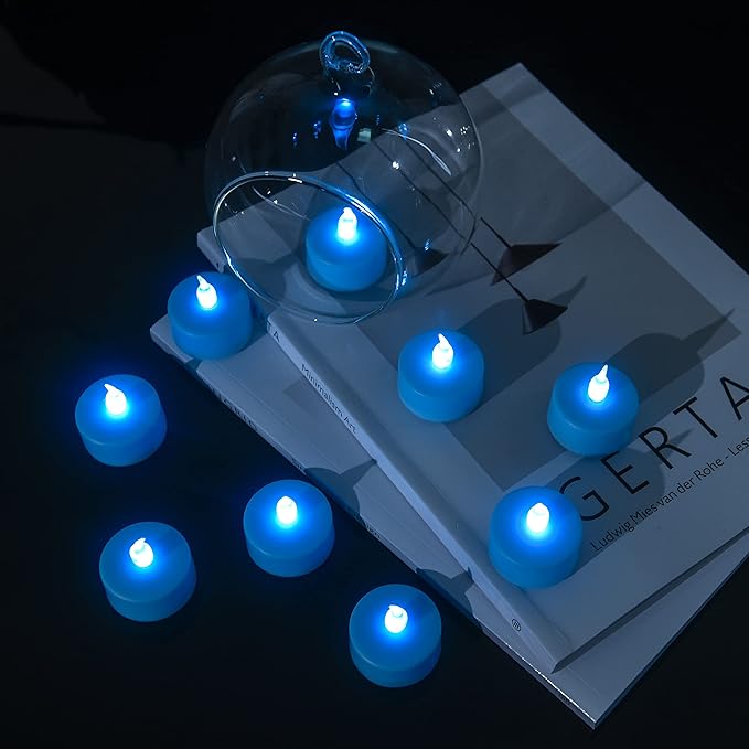 Tea Lights Flameless Battery Operated Candles-50PACK LED Flickering Votive Candle Long Lasting 200 Hours, Realistic and Bright for Seasonal Festive Celebrations Decoration Blue