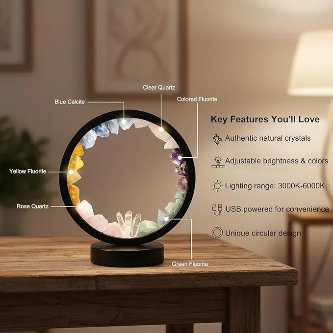 AMOYSTONE Natural Chakra Crystal Night Light with USB, Mixed Stones Round Meditation Lamp with 3-Color Control for Bedroom, Office & Home Decor (Push Button Switch)