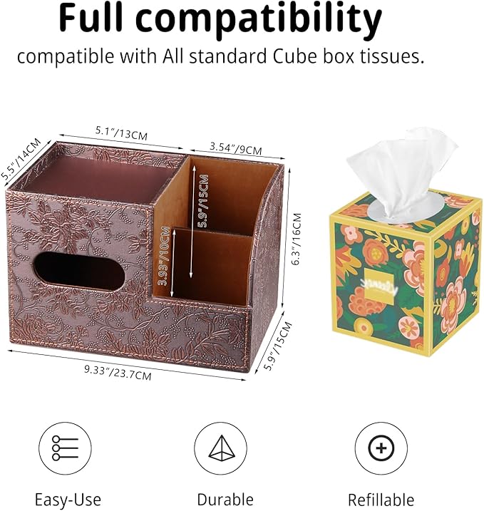 Leather Square Tissue Box Cover with Storage Tray,Cube Tissue Box Holder,Modern Facial Paper Organizer with Remote Control Holder for Bathroom,Vanity Countertop,End Table NightStand Home Office