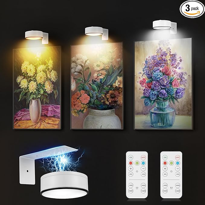 3Pcs Battery Picture Lights, Remote Painting Light for Art Disaplay,Magnetic Wall Picture Light Up/Down Light,Dimmable & Timer, 200LM 3 Lighting for Gallery Dartboard Frame Pictures