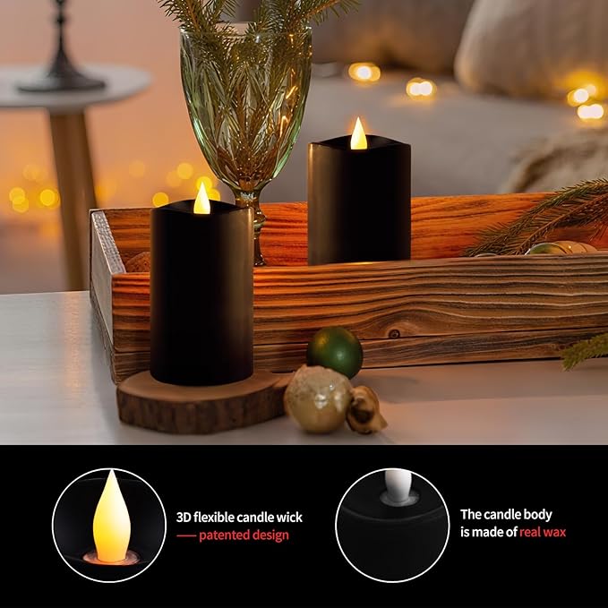 3″x5″ Flickering Flameless Candles Set of 2, 2AA Battery Life 600 Hours Battery Candles Flickering with Timer,5 inch Flameless Candles with Remote for Christmas Decorations Indoor/Outdoor, Black