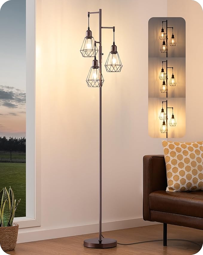 EDISHINE 70IN Industrial Floor Lamps for Living Room, Dimmable Farmhouse Corner Reading Lamp, Diamond-Shaped Lampshade, 3 LED Edison Bulbs Included, Rustic Tree Standing Lamp for Bedroom, Brown