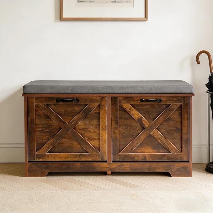 Shoe Storage Bench with 2 Flip Drawers, Entryway Bench with Removable Cushion, Hallway & Mudroom Organizer with Seat, Front Door Shoe Rack Cabinet, Brown