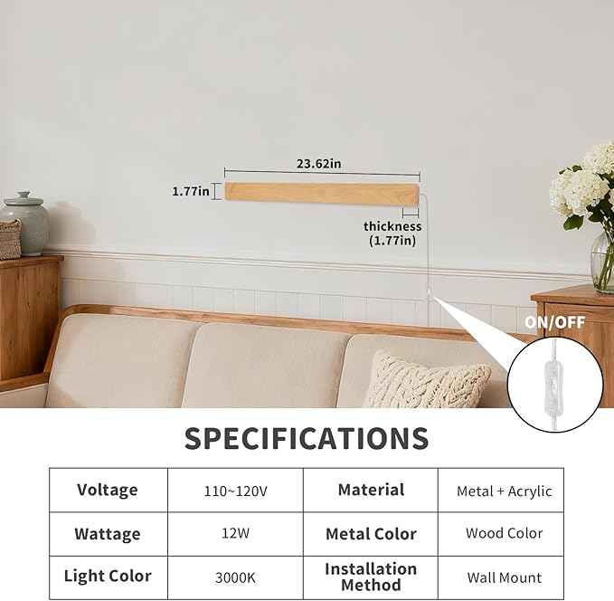 Modern Plug in Wall Sconces, 23.6 inch Faux Wood Texture Finish LED Long Wall Lights, 12W Warm White 3000K Acrylic Indoor Wall lamp,with 59" Plug Cable for Bedroom, Living Room, Bathroom, Hallway