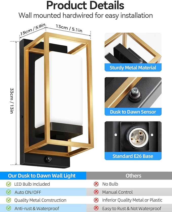 RAYVO Modern Outdoor Wall Light with Dusk to Dawn Sensor, Waterproof Exterior Lighting Fixtures with E26 Base, Bulb Included, Outdoor Sconce Lights for Porch Garage Entryway, Black Gold, 2 Pack