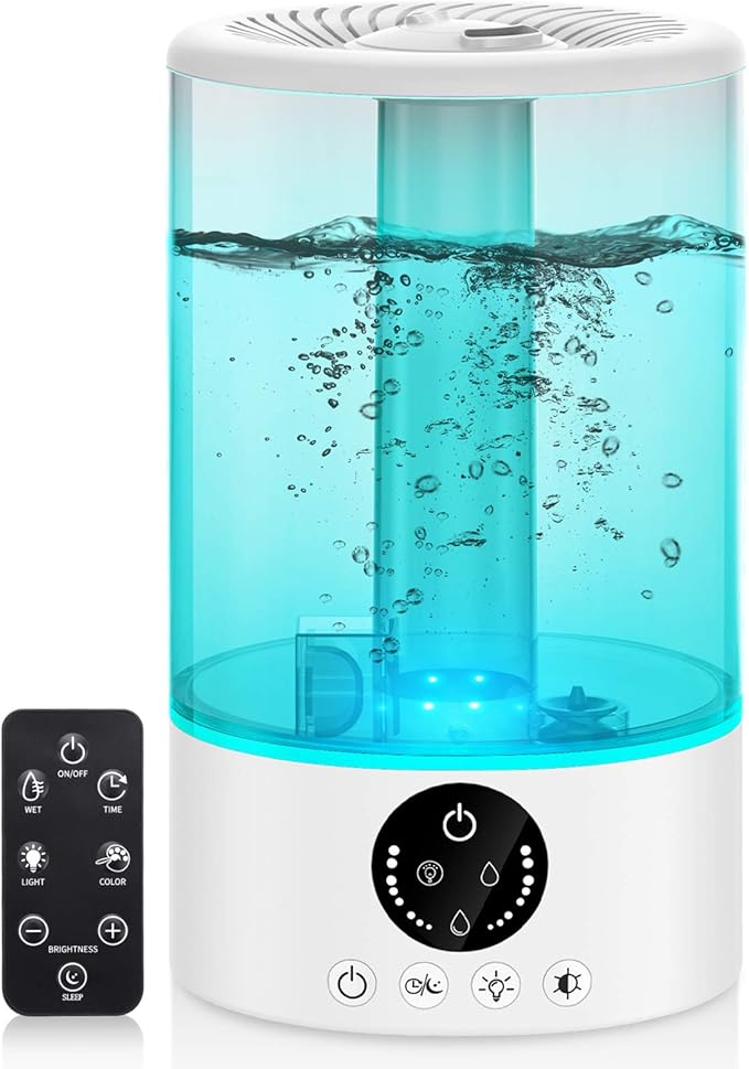 Cool Mist Humidifier, Ultrasonic Humidifiers for Bedroom Baby, 3L Large Humidifier w/Remote Control, 7 Colors Night Light 6 Dimmer Adjustable Mist Levels, Timer, Auto Shut-Off for Large Room, White