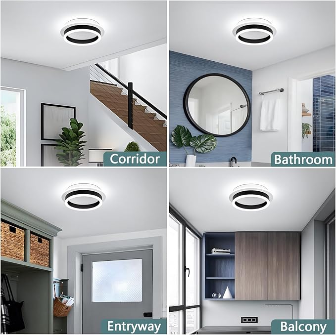 Round Modern LED Flush Mount Ceiling Lamp, 24W LED Light Fixture, Black Small Hallway Ceiling Light for Dining Room, Bedroom, Kitchen, Bathroom, Entryway Lighting (Cool White, 6000K)