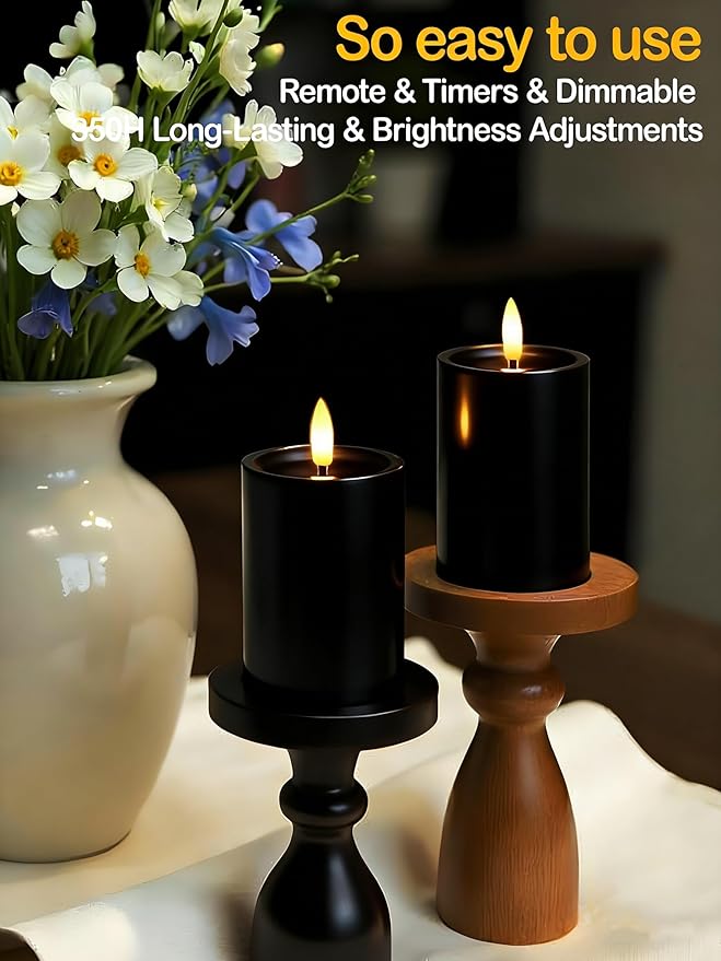 3"x4" Outdoor Waterproof Flameless Candles with Remote and Timers, LED Candles, Battery Operated Candles, Electric Fake Pillar Candles for Patio, Porch, and Lanterns Decor (Black, Plastic)