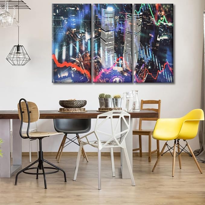 TUMOVO 3 Panel Wall Art Trading Graph on The Cityscape at Night Background Paintings Modern Home Decor Stock Market Picture Wall Decor Living Room Framed Ready to Hang (60" Wx40 H)