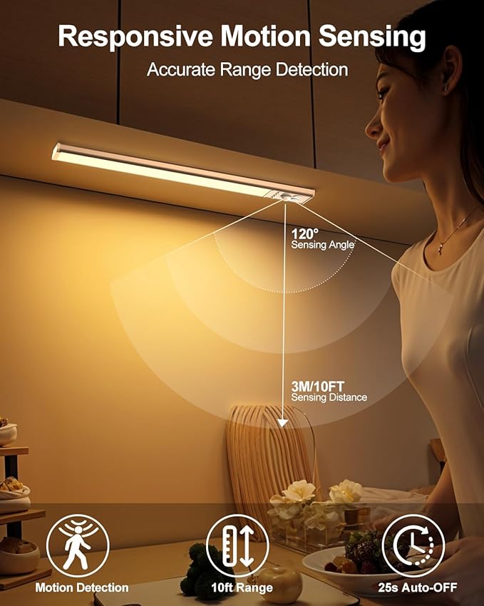LED Under Cabinet Lighting | 2500mAh Motion Sensor Under Counter Lights for Kitchen | USB Rechargeable Cabinet Lighting Wireless Dimmable Night Light for Closet Wardrobe Cupboard Stairs, 2 Pack