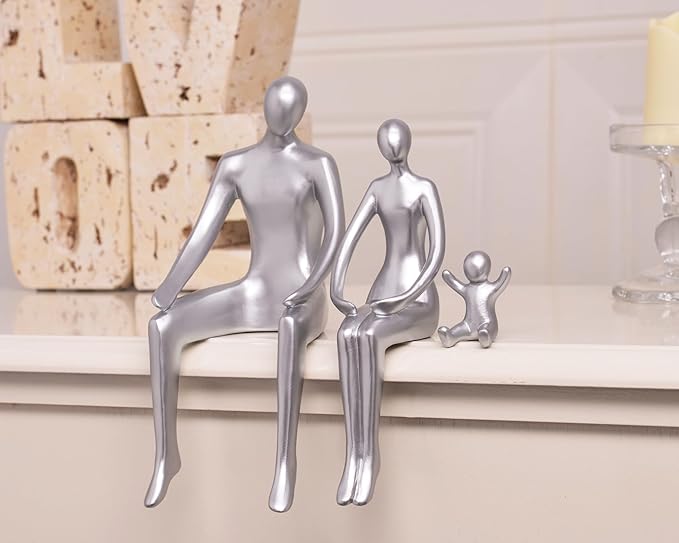 Quoowiit Bookshelf Decor Family Statue, Abstract Miniature Figurines Home Decor, Modern Aesthetic Shelf Decorations for Office Desk Table Desk Living Room Book Shelf Bedroom Entry Set of 3 - Silver