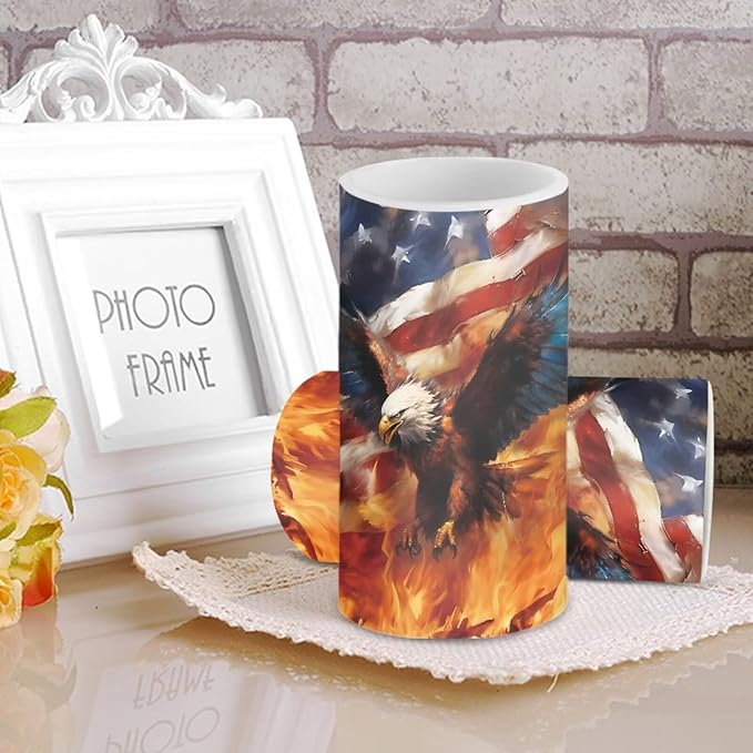 Eagle Flag Flameless Candles 2 Pack 6 x 3 inch Veterans Day USA Flag Battery Operated Candles with Multicolor Timer Remote Control LED Fake Candles for Warm Light Dinner Table Home Decor